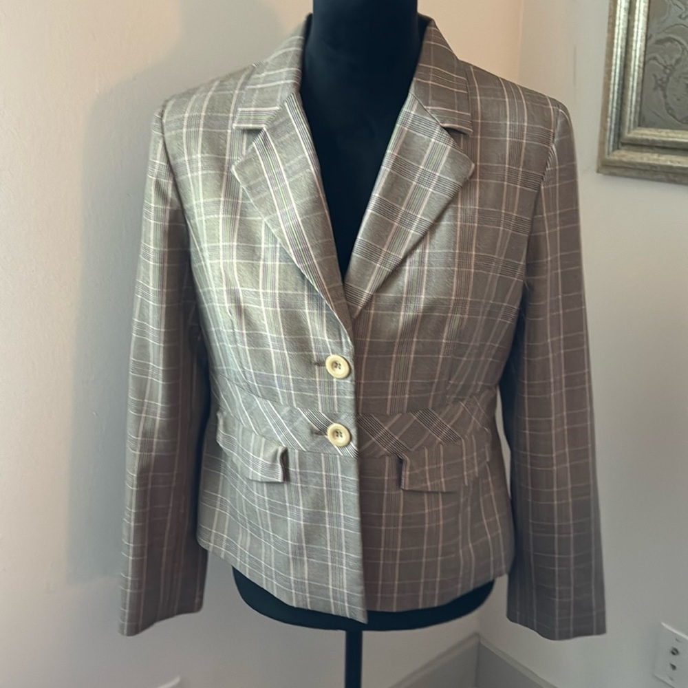 i e brown plaid two button front lined career blazer suit jacket Sz‎ 12-14
